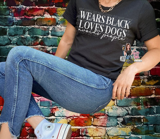 Wears black loves dogs avoids people tee shirt